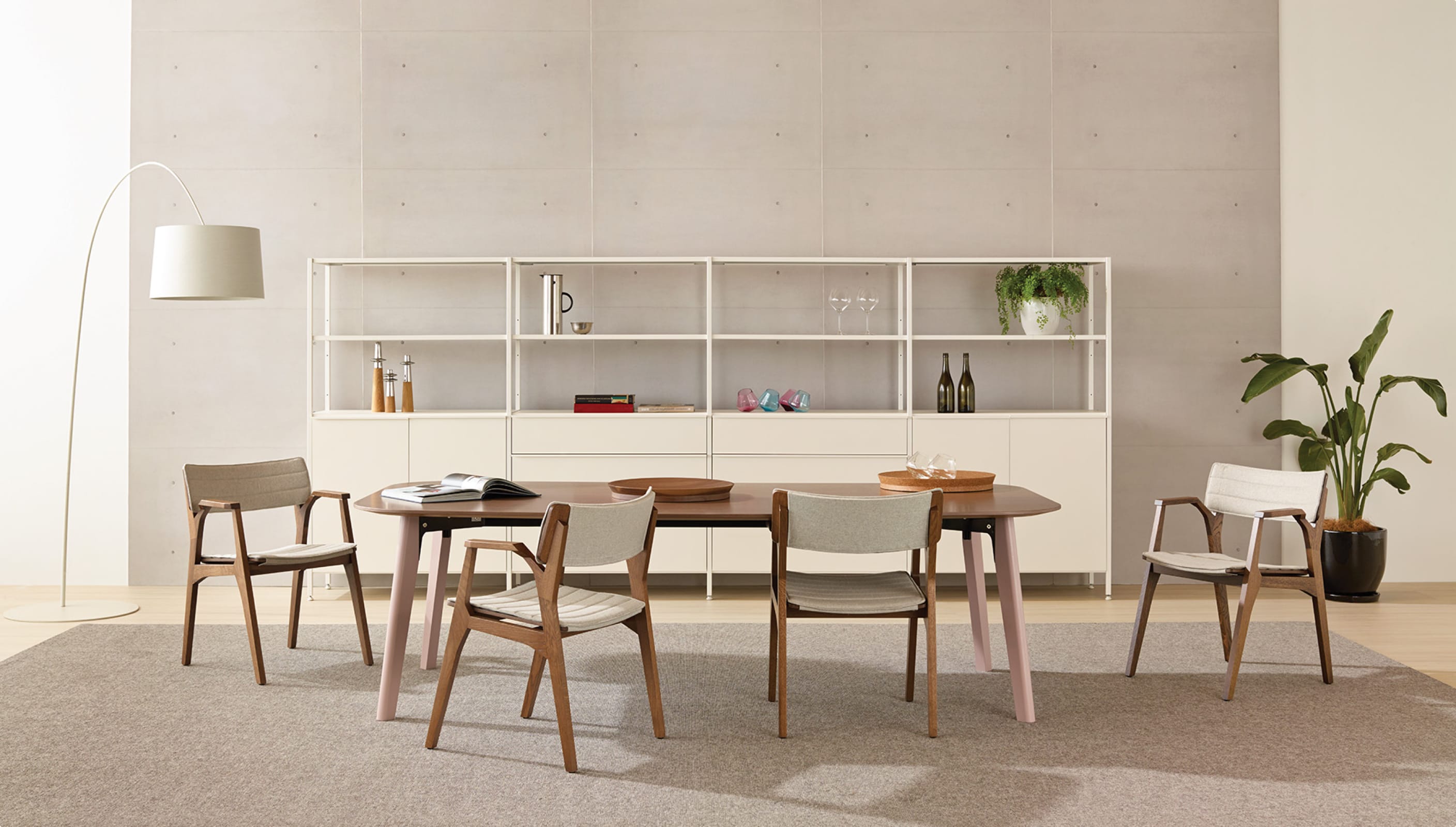 dining table, furniture, table, dining room, lamp, interior design, home decor, plant, chair, rug