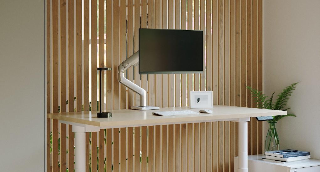 indoors, interior design, furniture, table, desk, screen, computer hardware, monitor, wood panels, plant
