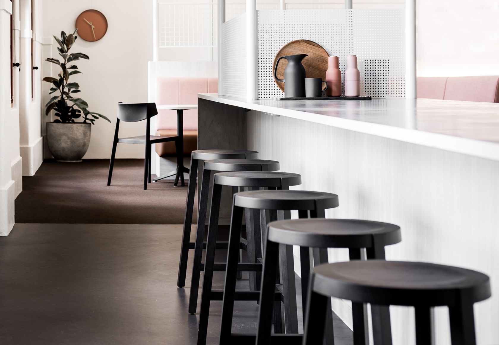 bar stool, furniture, indoors, interior design, plant, table, floor, dining table