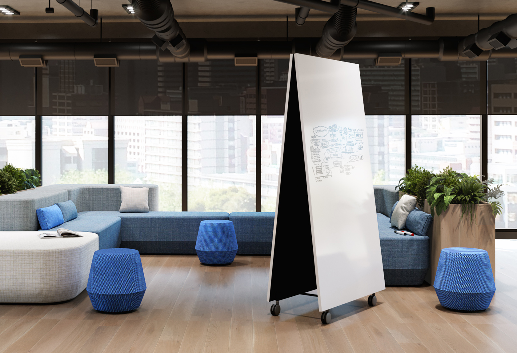 building, furniture, indoors, living room, interior design, couch, floor, flooring, white board, foyer