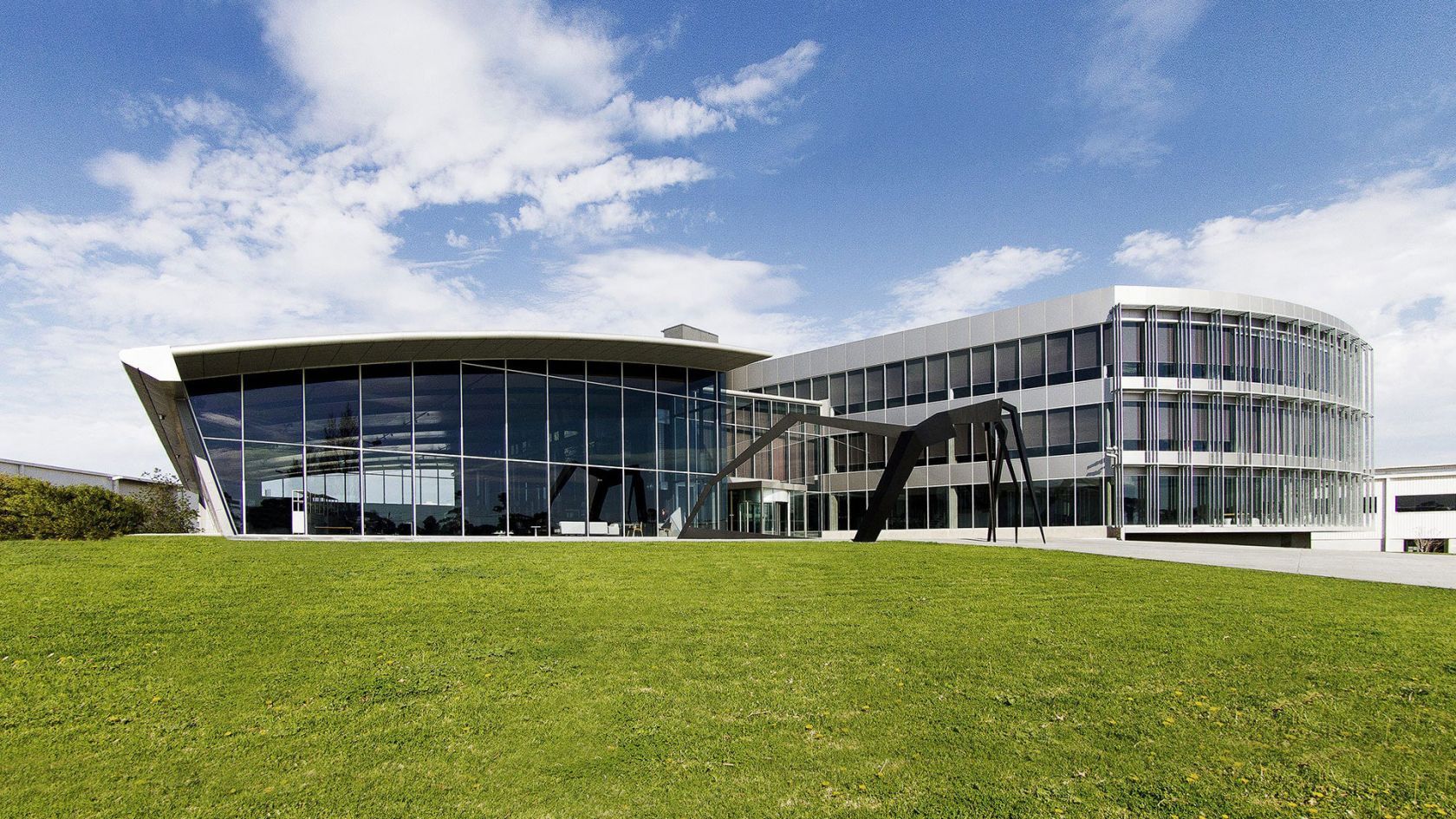 architecture, building, office building, grass, plant, convention center, lawn