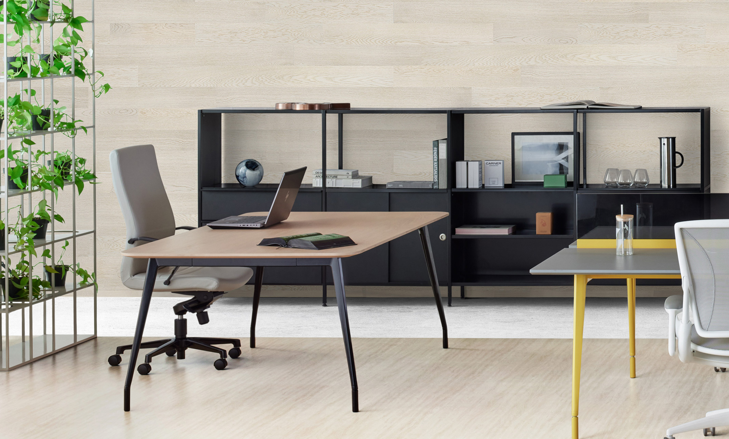 furniture, indoors, chair, interior design, table, office, desk, office chair, laptop, plant