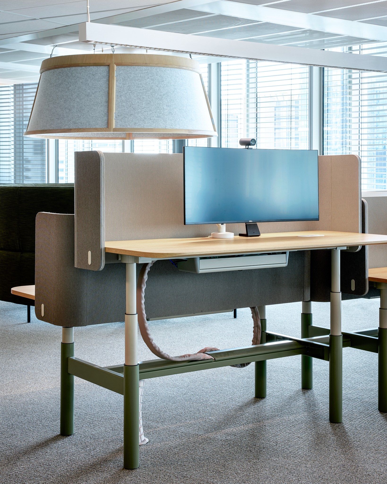 furniture, table, desk, lamp, computer hardware, electronics, hardware, monitor, screen