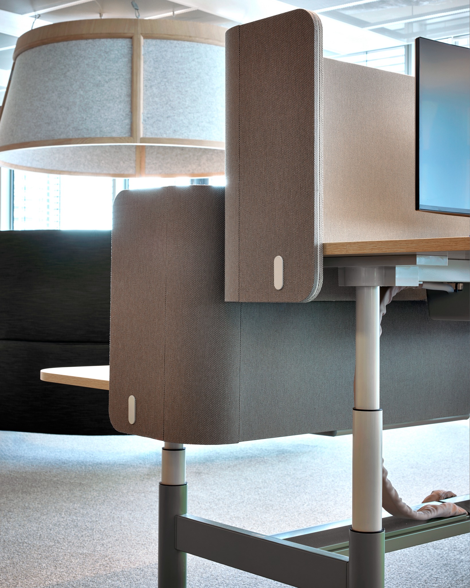 lamp, furniture, table, desk, table lamp, monitor, screen, indoors, interior design, person