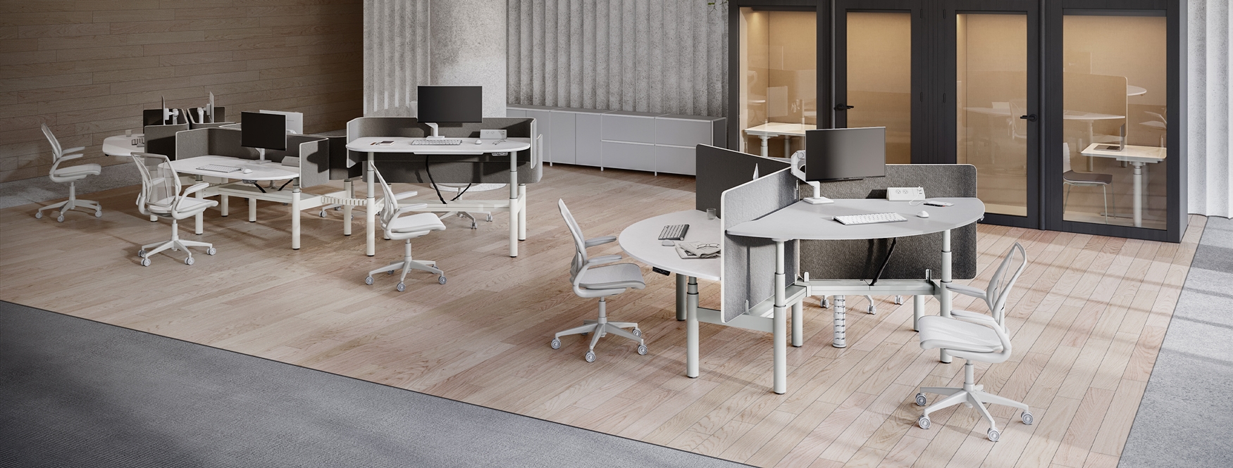 indoors, interior design, furniture, chair, table, floor, office, desk, cafeteria, monitor