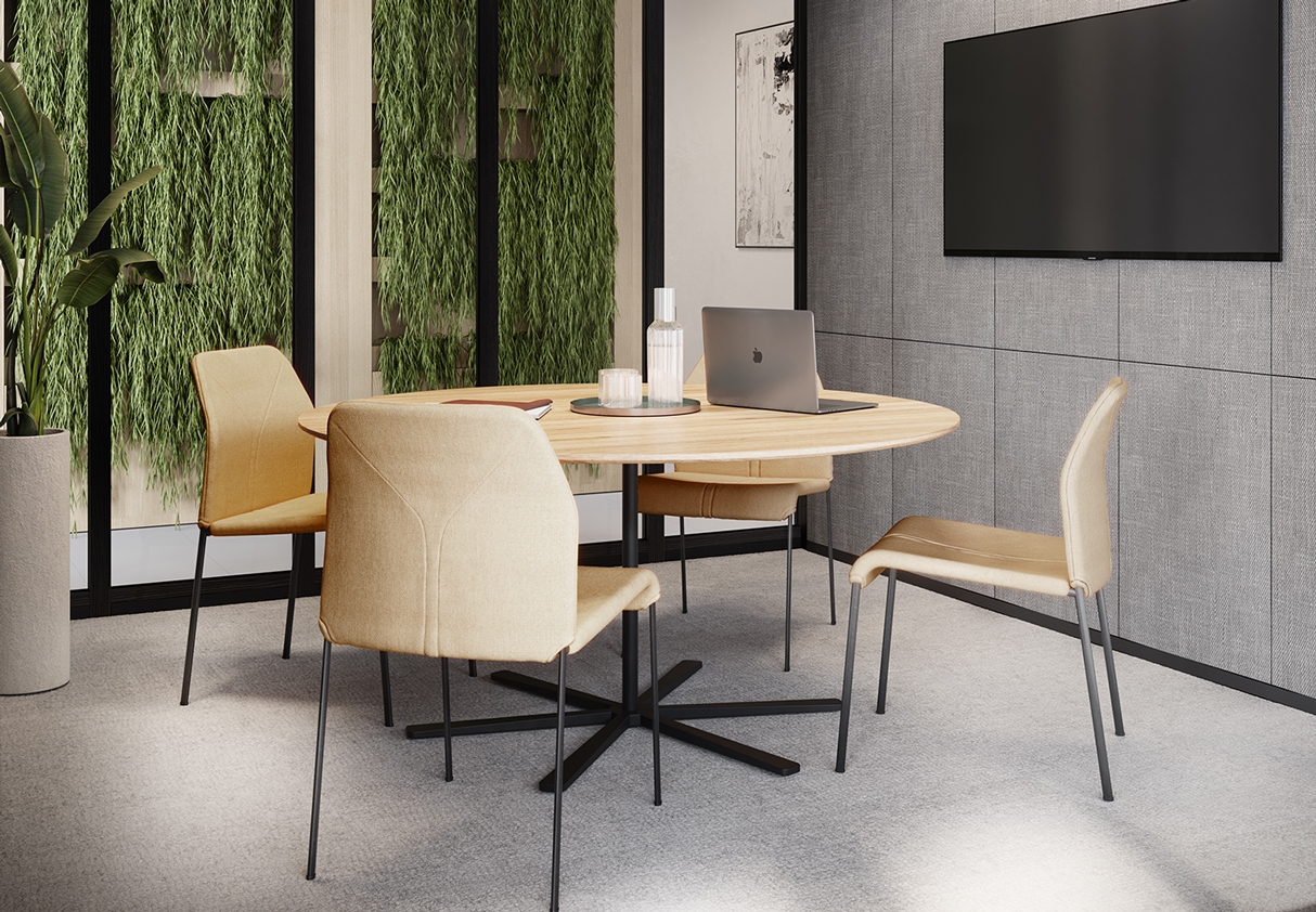 furniture, table, dining table, dining room, indoors, interior design, chair, plant, laptop, tabletop