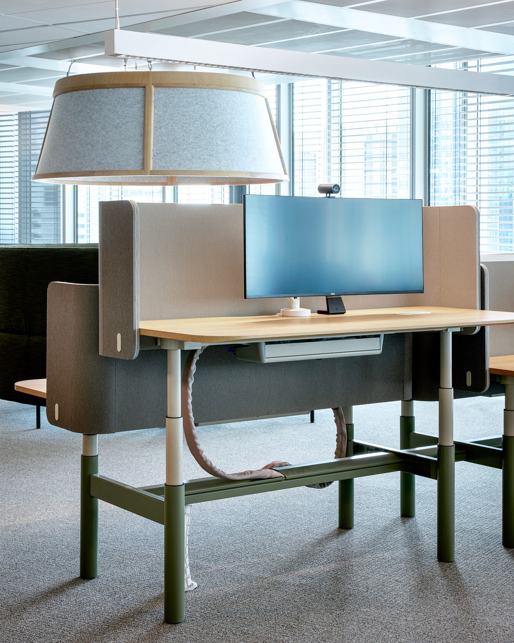 furniture, table, desk, lamp, table lamp, electronics, hardware, monitor, screen, computer