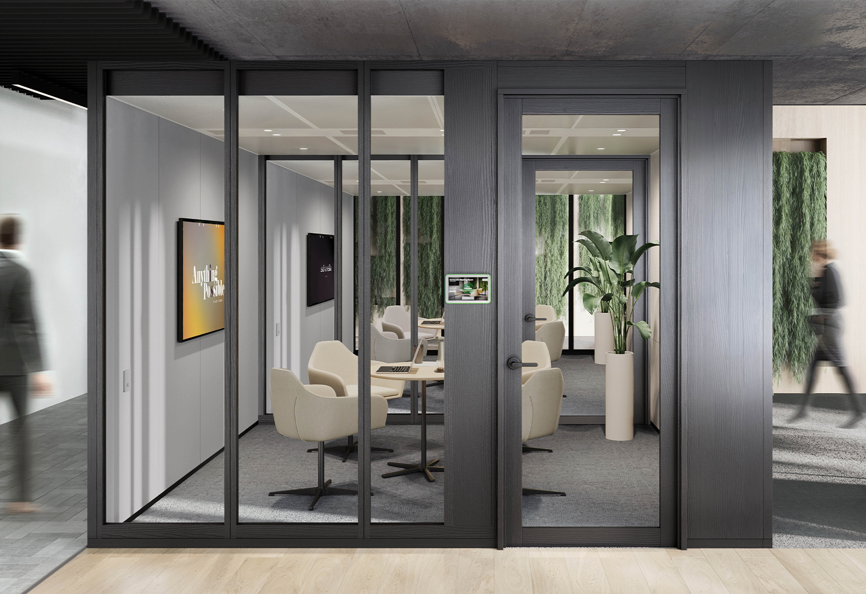 door, person, sliding door, plant, chair, furniture, indoors, interior design, building, housing