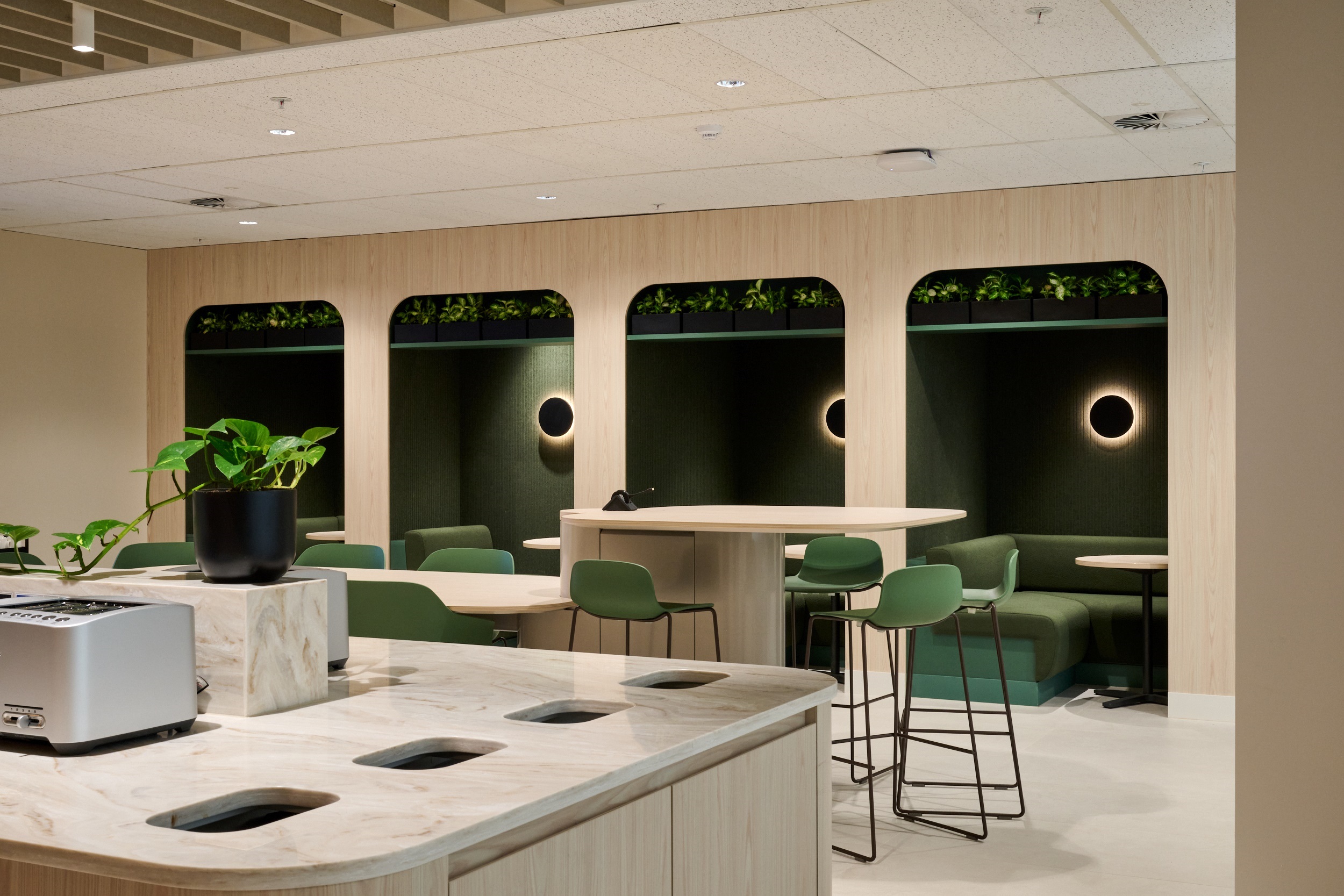 indoors, restaurant, interior design, plant, dining table, furniture, cafeteria, desk, sink, dining room