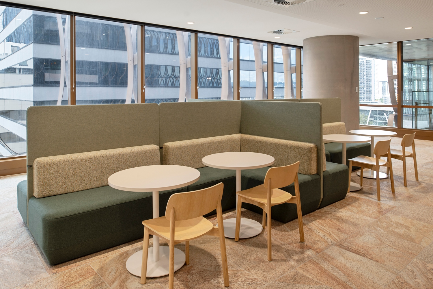 indoors, chair, furniture, lounge, desk, table, restaurant, cafeteria, dining table, couch