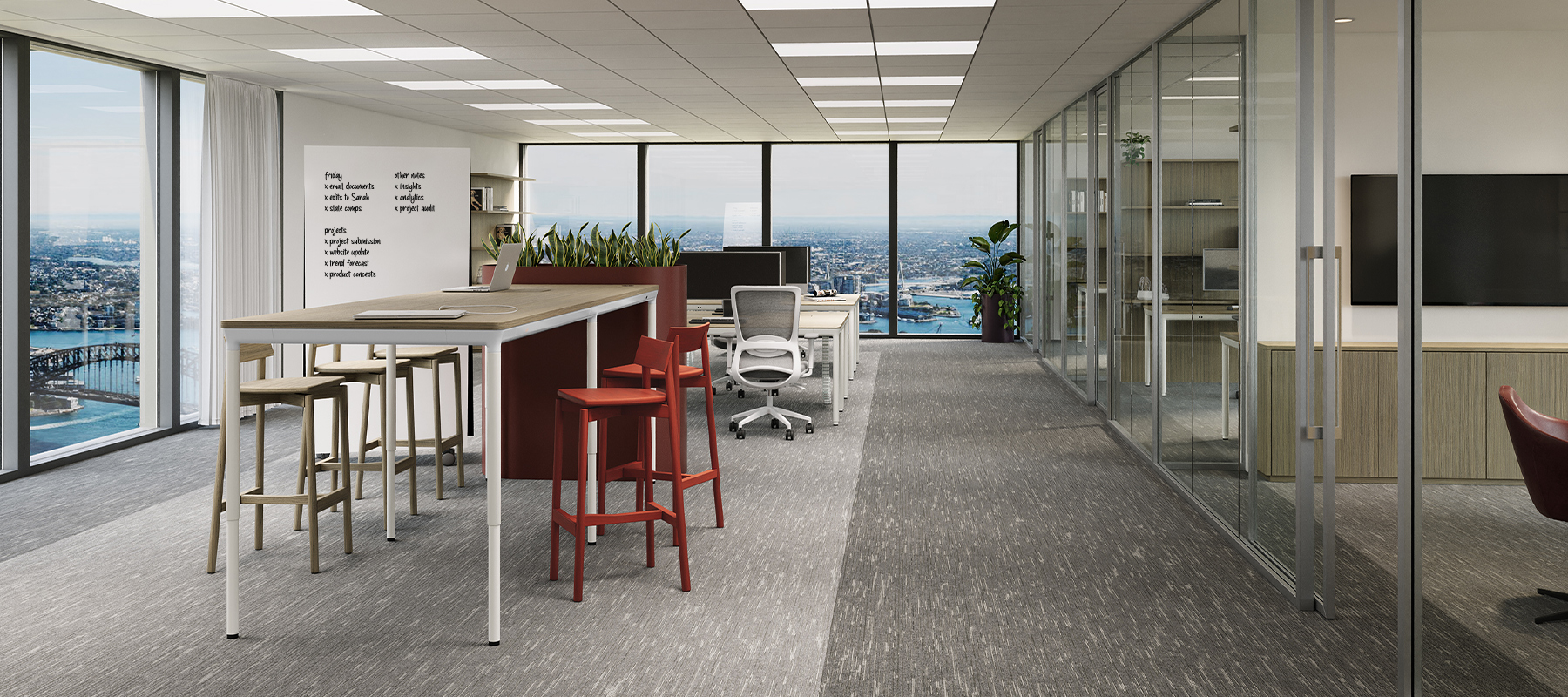 chair, furniture, plant, desk, table, indoors, cafeteria, dining table, monitor, floor